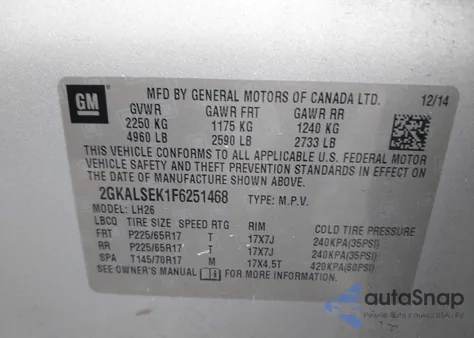 2015 GMC Terrain Slt-1 z USA, uszkodzony, nr VIN 2GKALSEK1F6251468